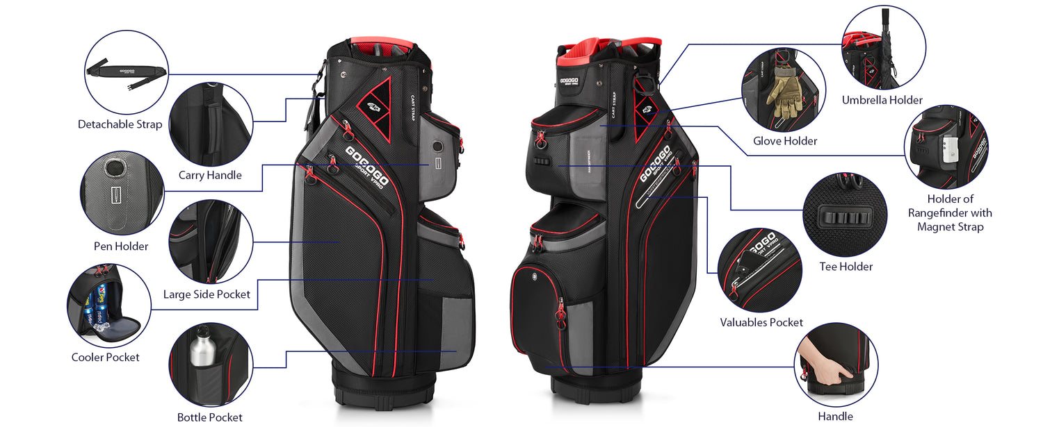 Gogogo Sport Vpro Golf Cart Bag, 14 Way Top Full Length Divider, Golf Club  Bag with Cooler, Rainhood, 11 Pockets